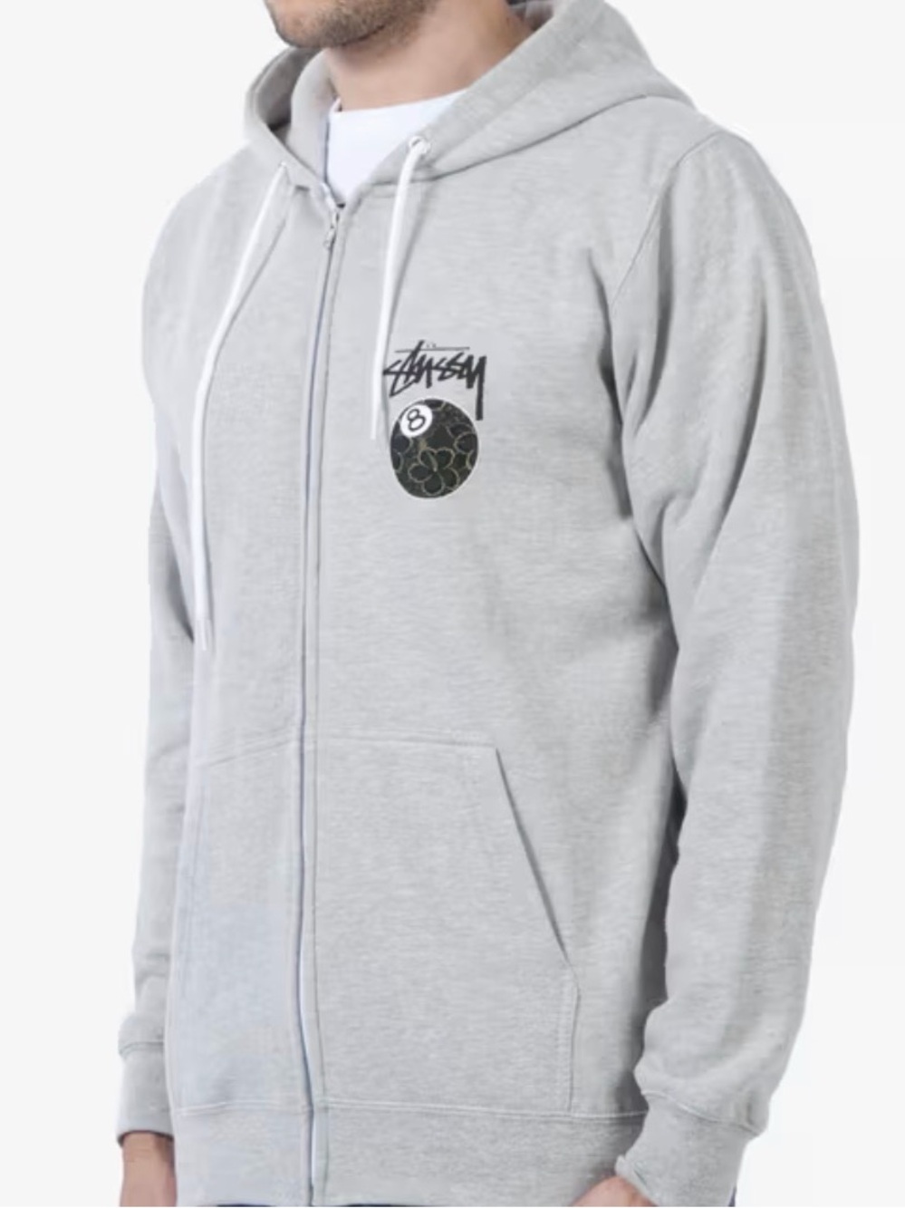 Stussy Light Gray Zip-Up Hoodie with Logo Sz XL Men